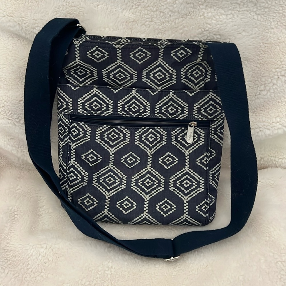 Thirty One Organizing Crossbody Tote In Blue Twill Stripe Adjustable And Pockets